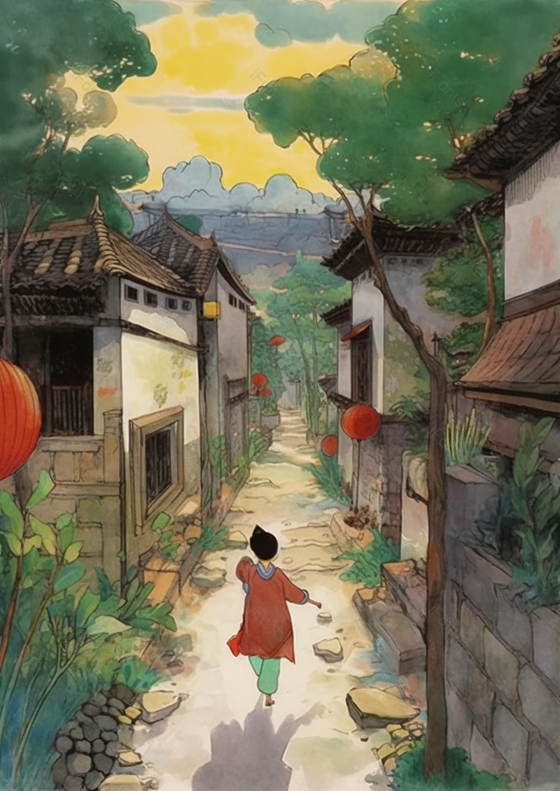 破旧房屋胡同道路上走路的女孩背影,插画/手绘图,插画/手绘图库,插画/手绘图下载,插画/手绘